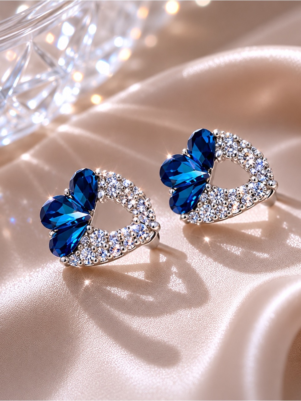 Elegant Blue Crystal Heart Stud Earrings - Women Jewelry - Picture 2 of 3